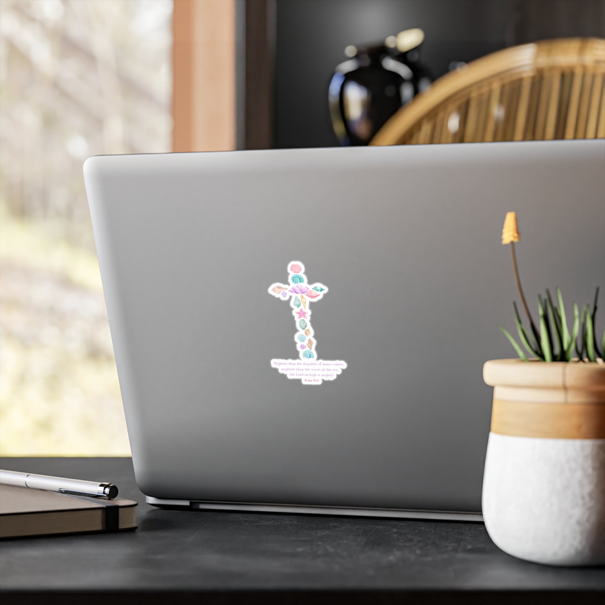 Sea Shell Cross Vinyl Sticker — Psalm 93:4 Faith Decal