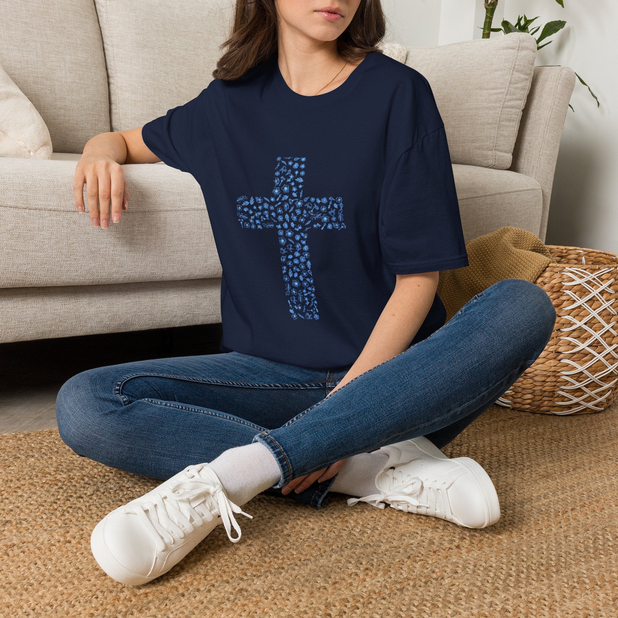 Floral Cross Tee — Light Blue Christian Graphic T-Shirt