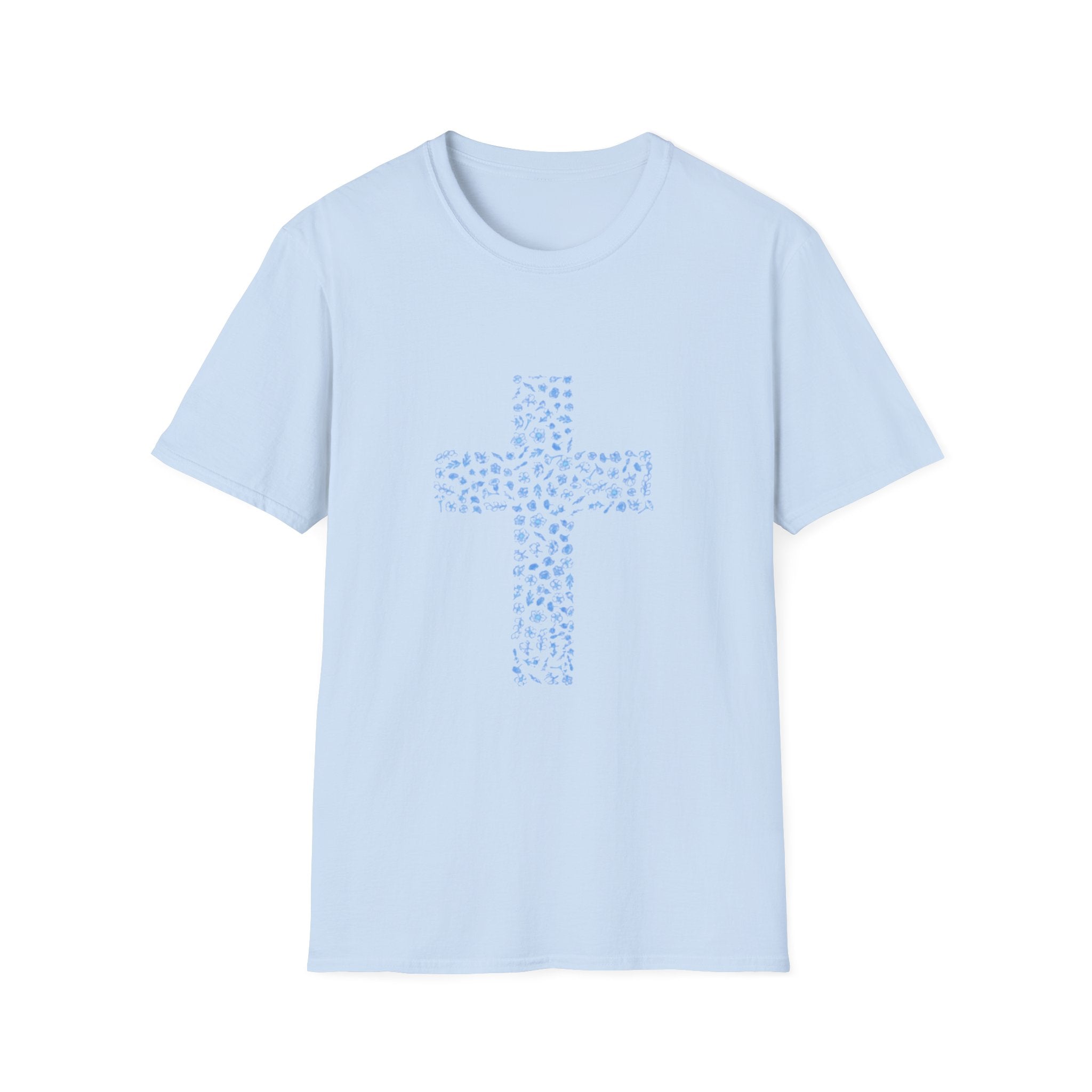 Floral Cross Tee — Light Blue Christian Graphic T-Shirt