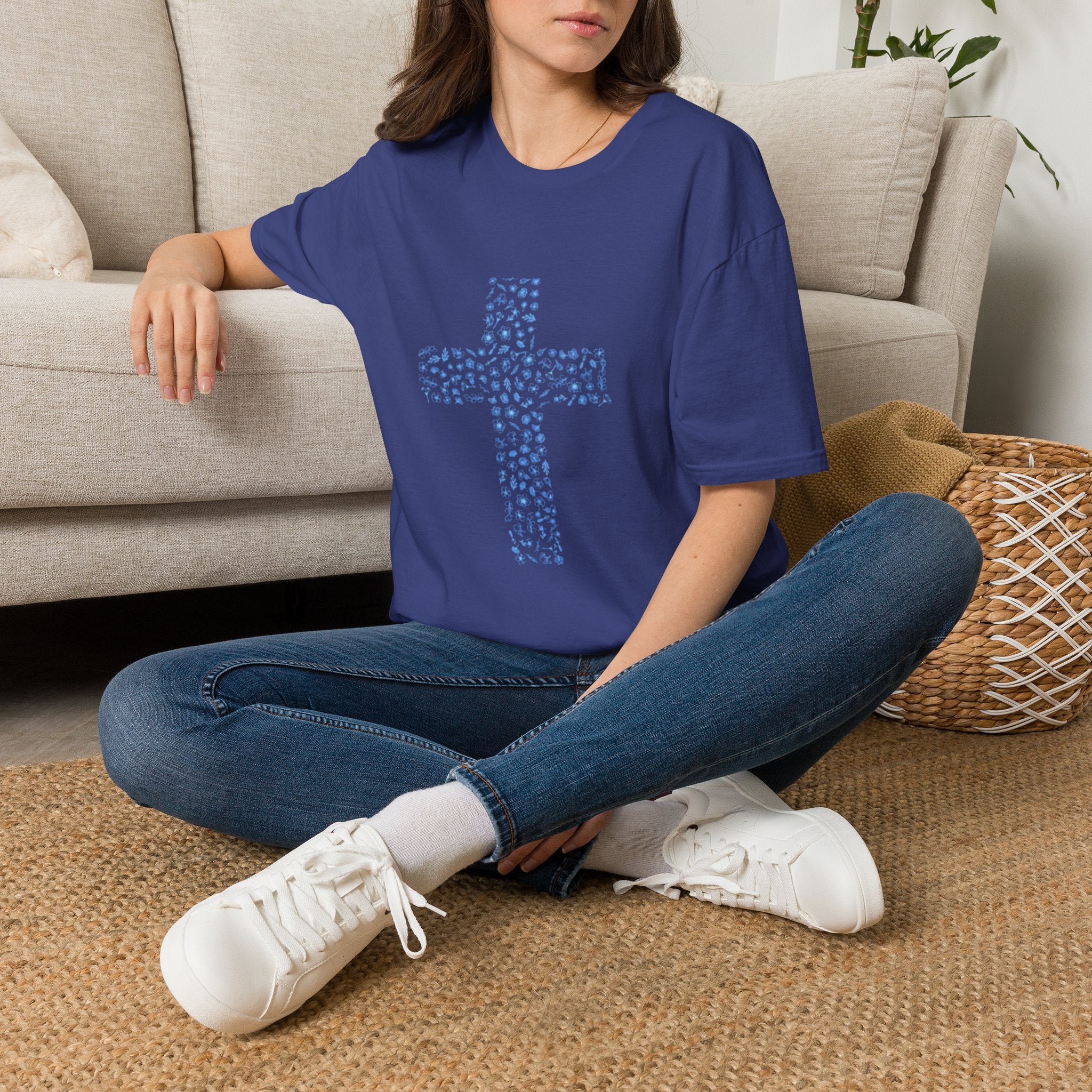 Floral Cross Tee — Light Blue Christian Graphic T-Shirt