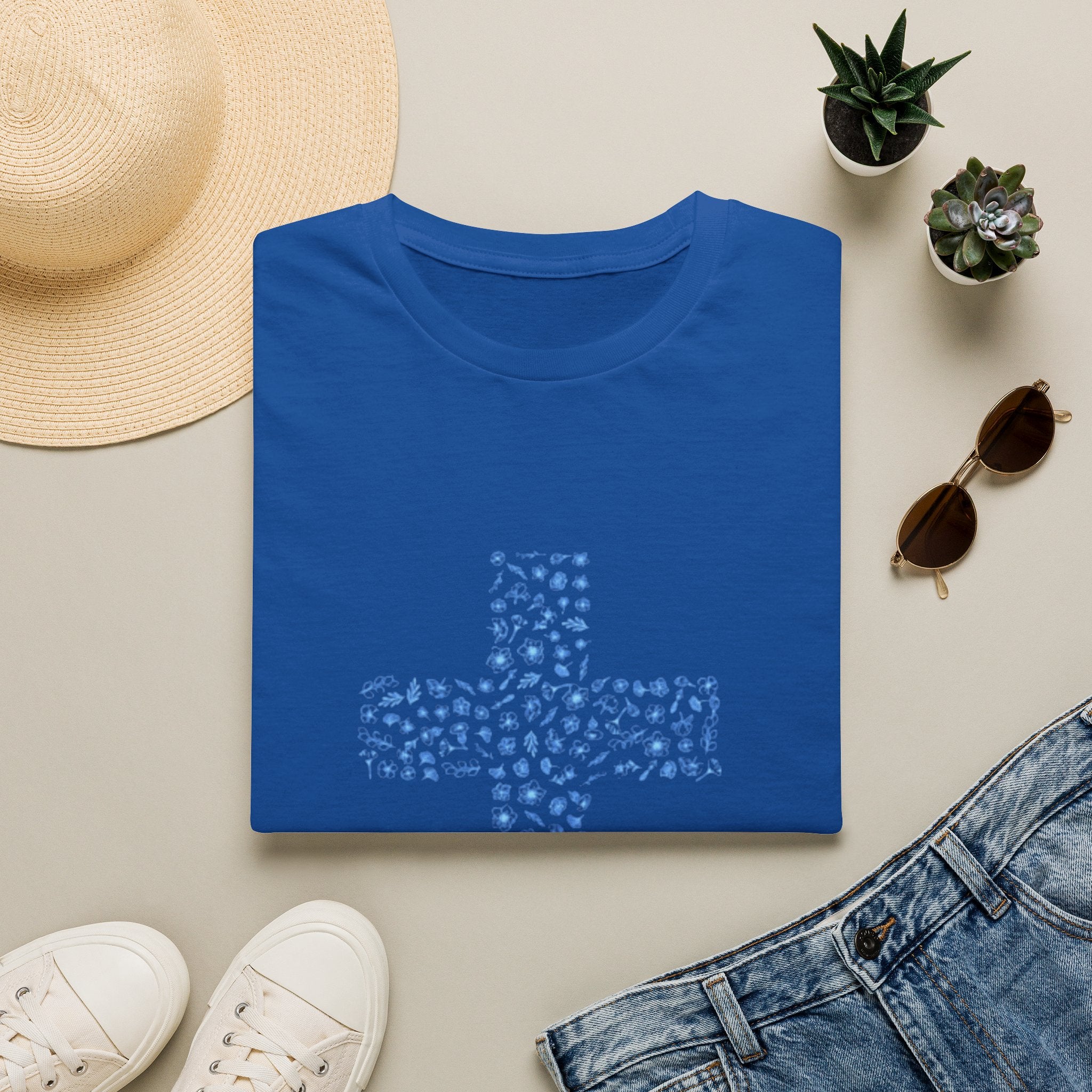 Floral Cross Tee — Light Blue Christian Graphic T-Shirt