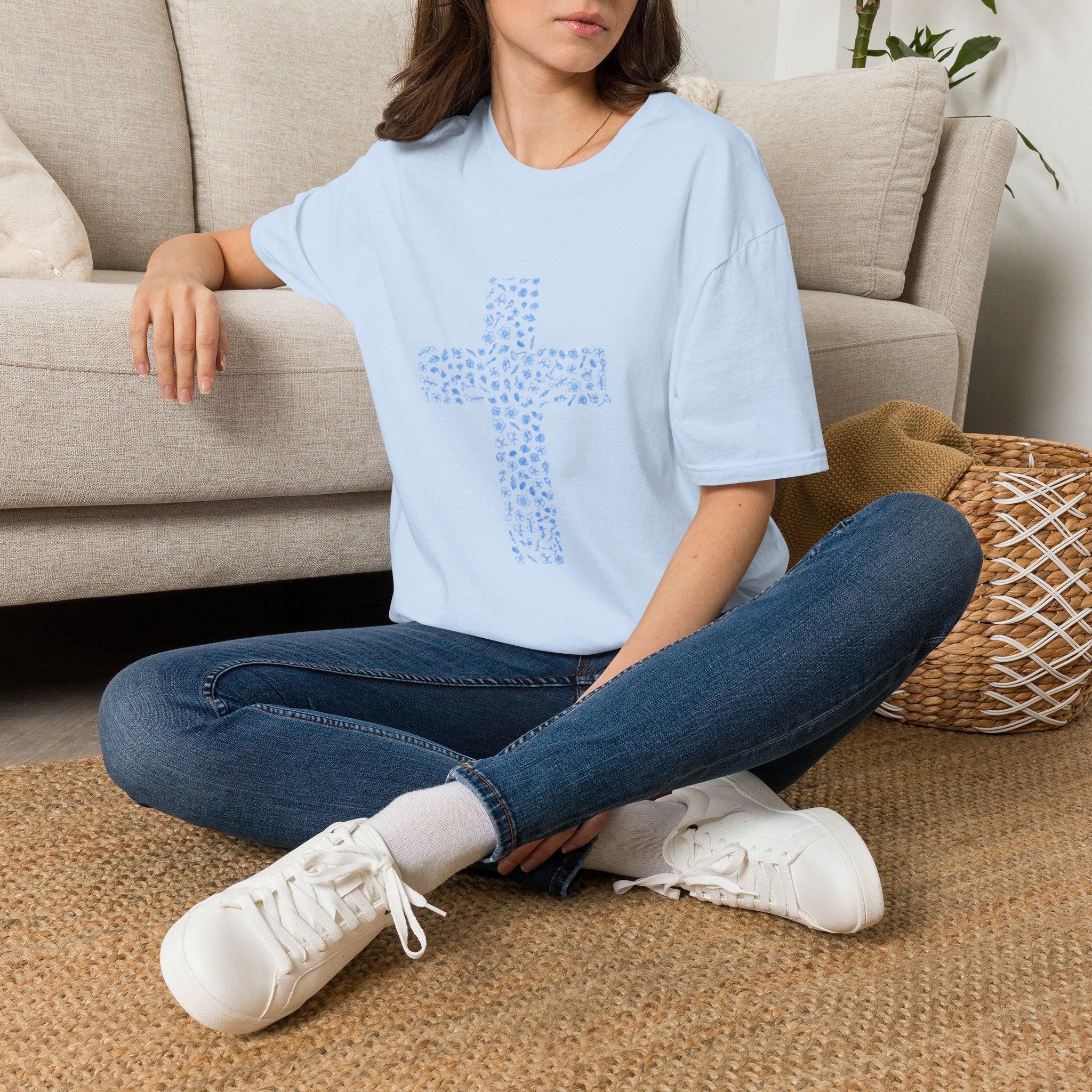 Floral Cross Tee — Light Blue Christian Graphic T-Shirt