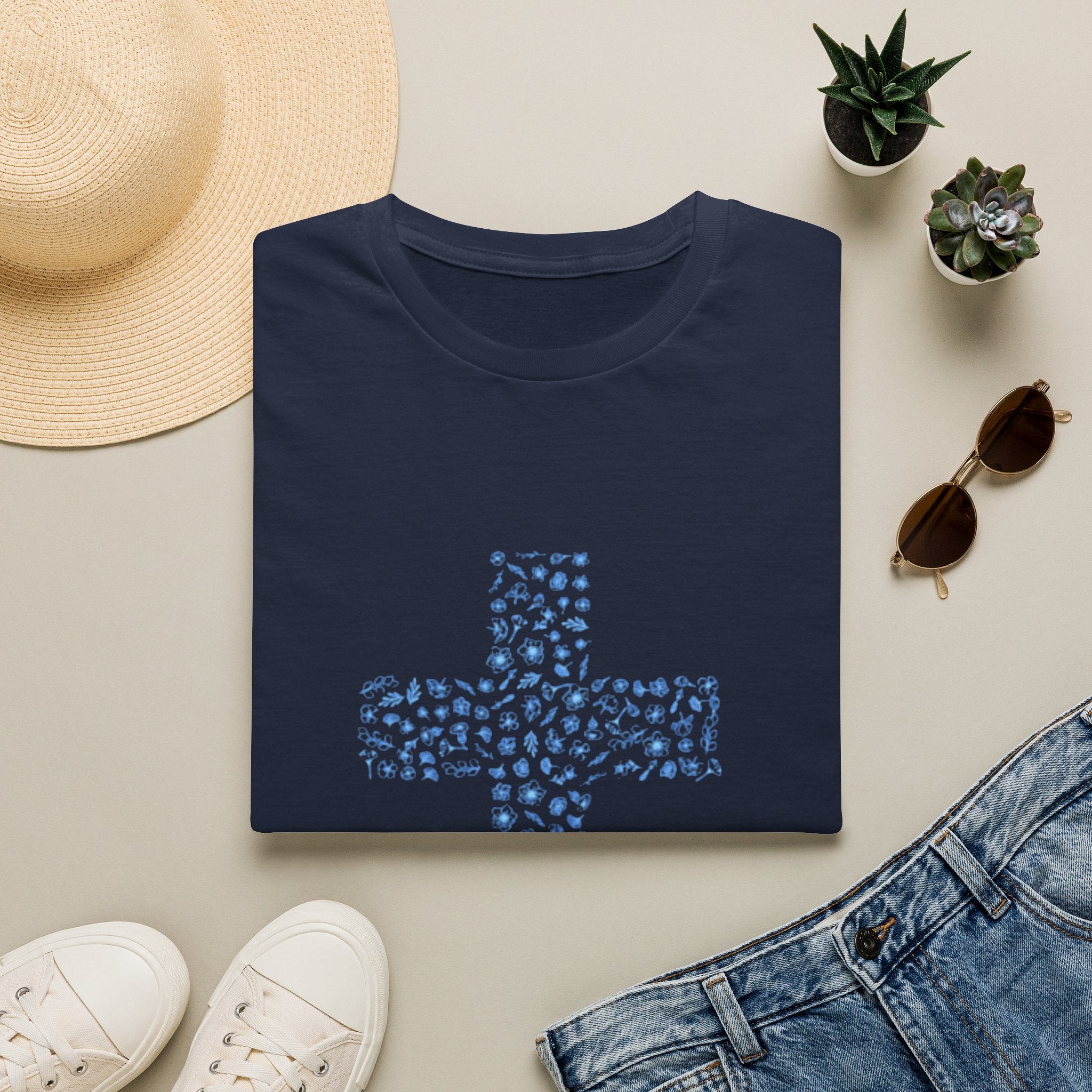 Floral Cross Tee — Light Blue Christian Graphic T-Shirt