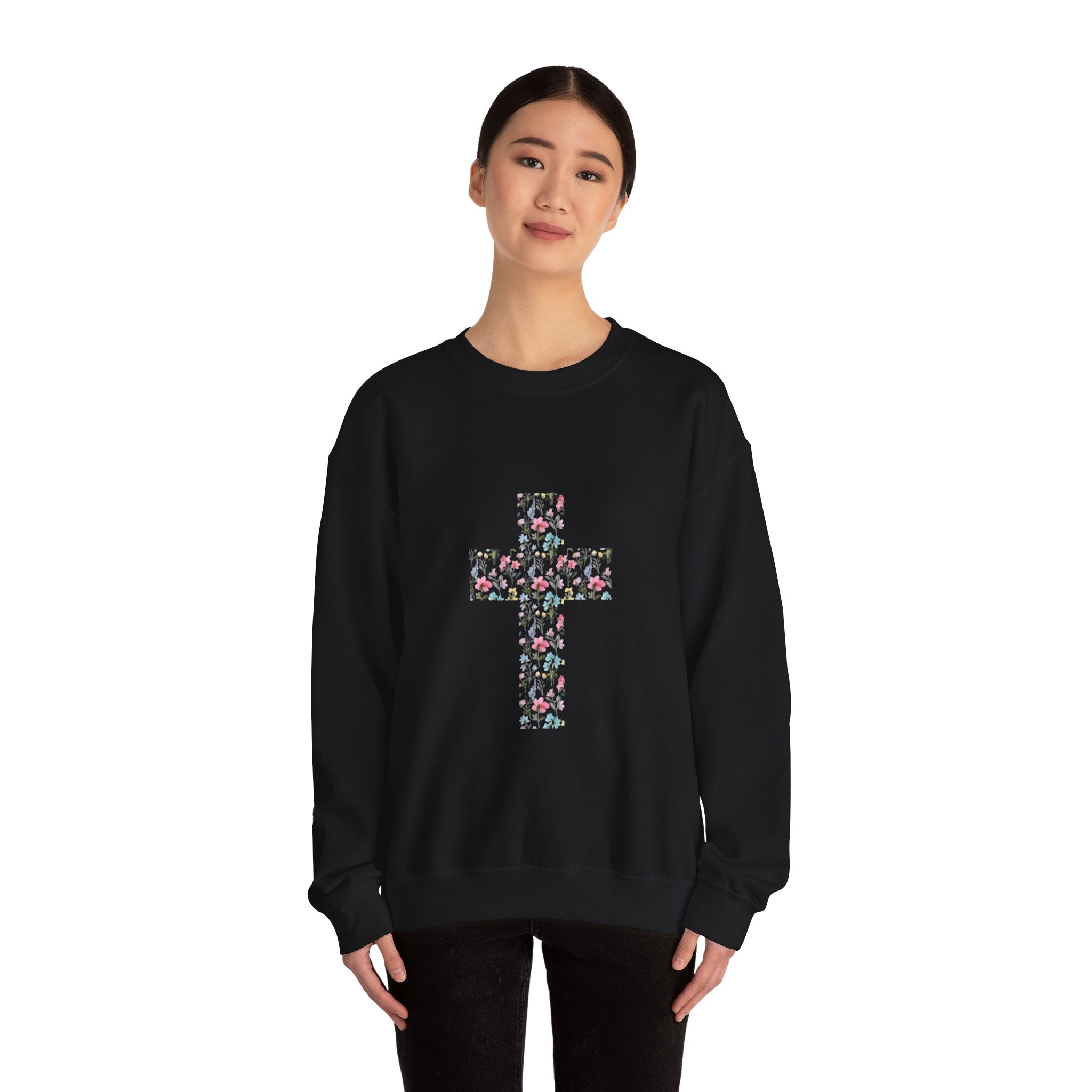 Floral Cross Crewneck Sweatshirt — Women's Christian Faith Pullover