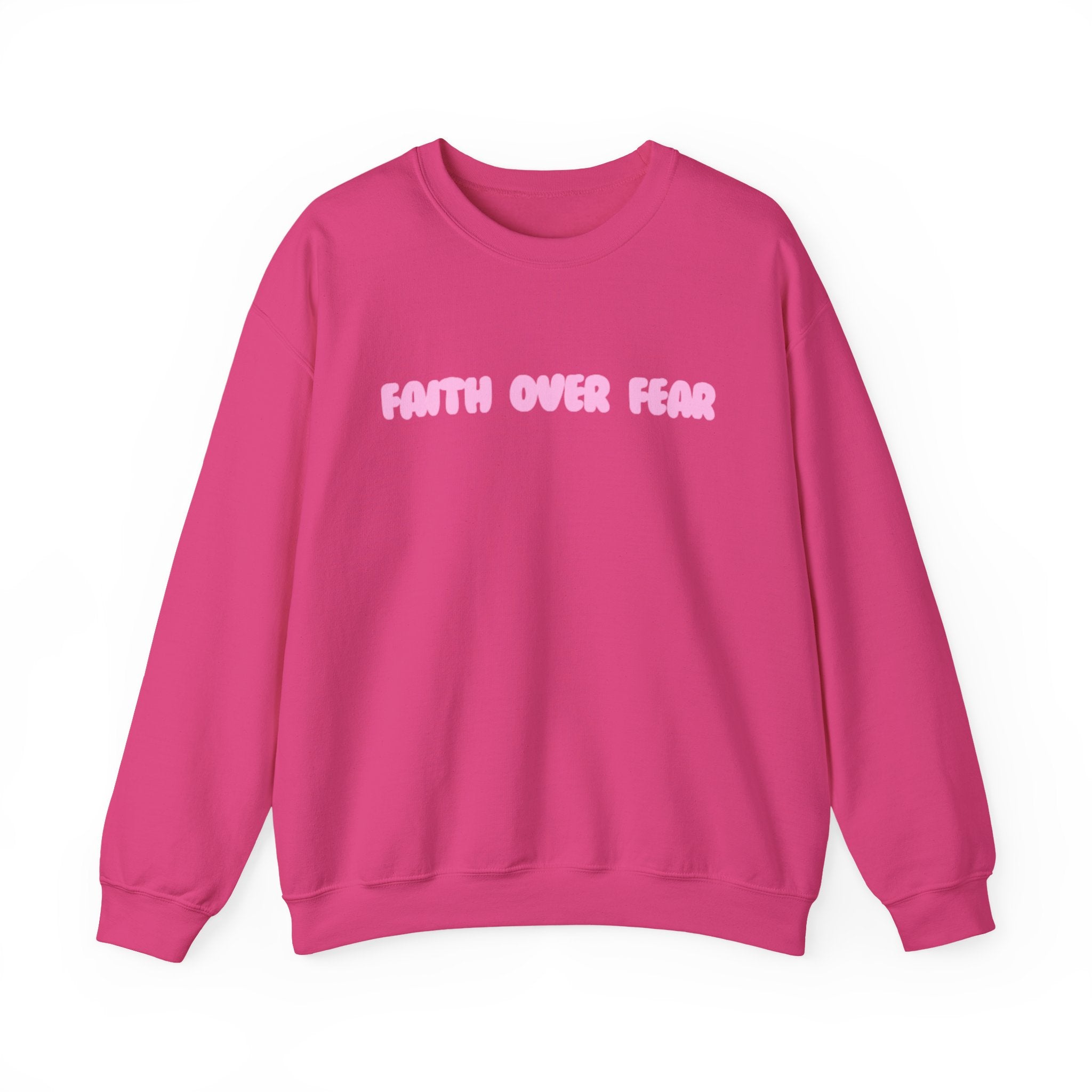 Faith Over Fear Crewneck Sweatshirt — Pink Retro Typography Christian Sweatshirt