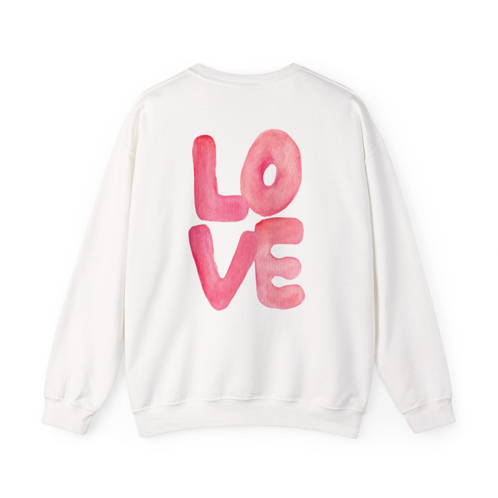 Crewneck Sweatshirt – Watercolor 'LOVE' Back Print, Cozy Valentine's Pullover