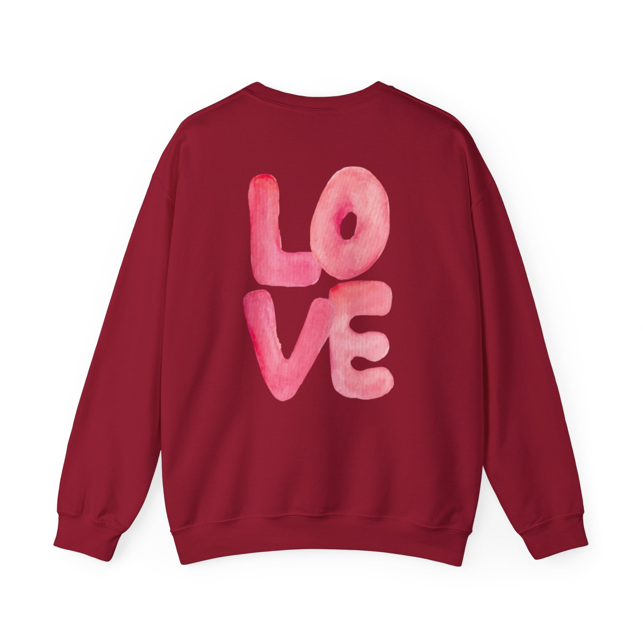 Crewneck Sweatshirt – Watercolor 'LOVE' Back Print, Cozy Valentine's Pullover