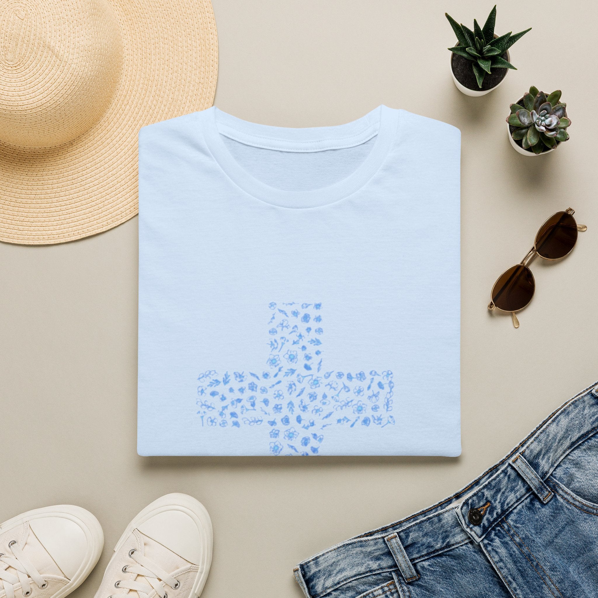 Floral Cross Tee — Light Blue Christian Graphic T-Shirt