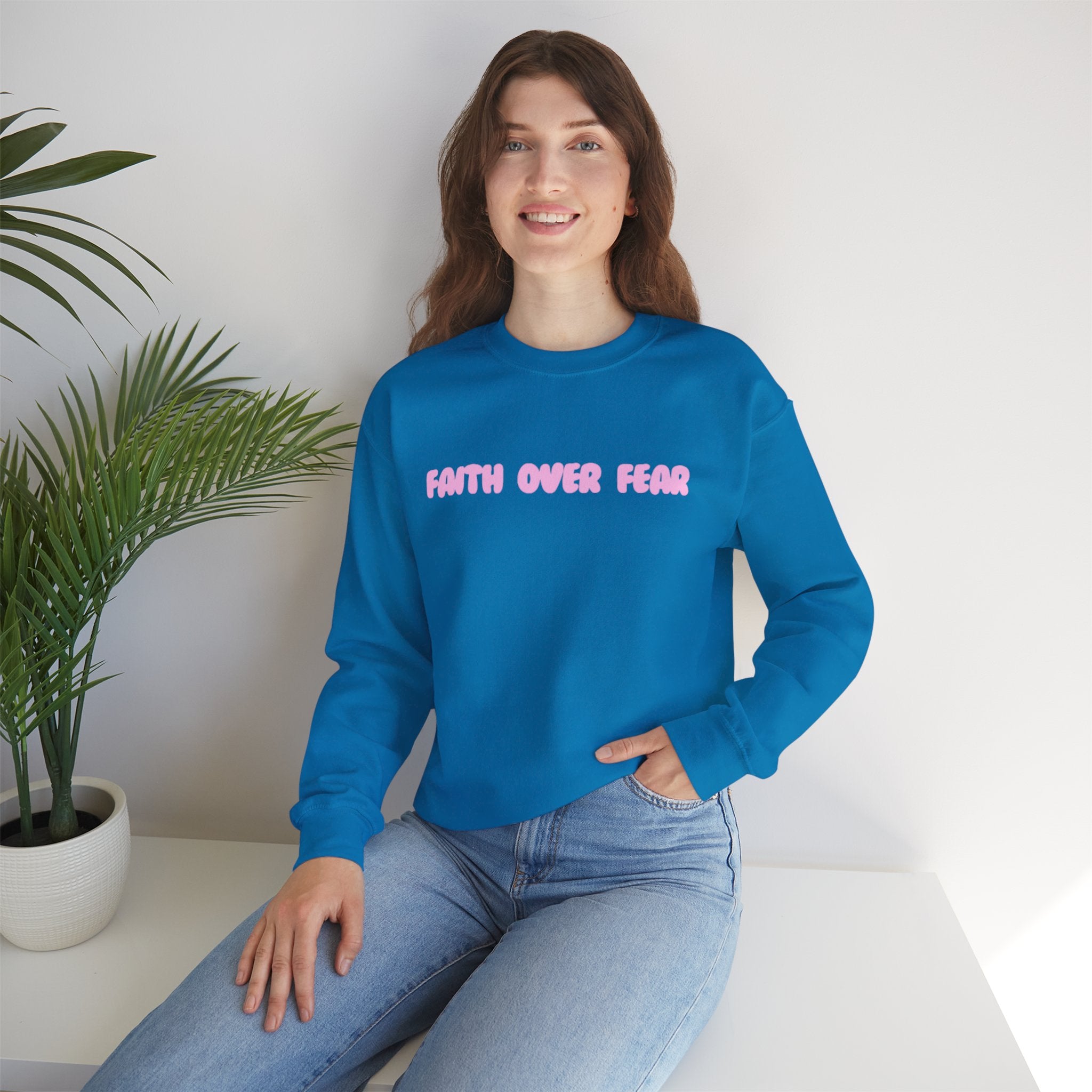 Faith Over Fear Crewneck Sweatshirt — Pink Retro Typography Christian Sweatshirt