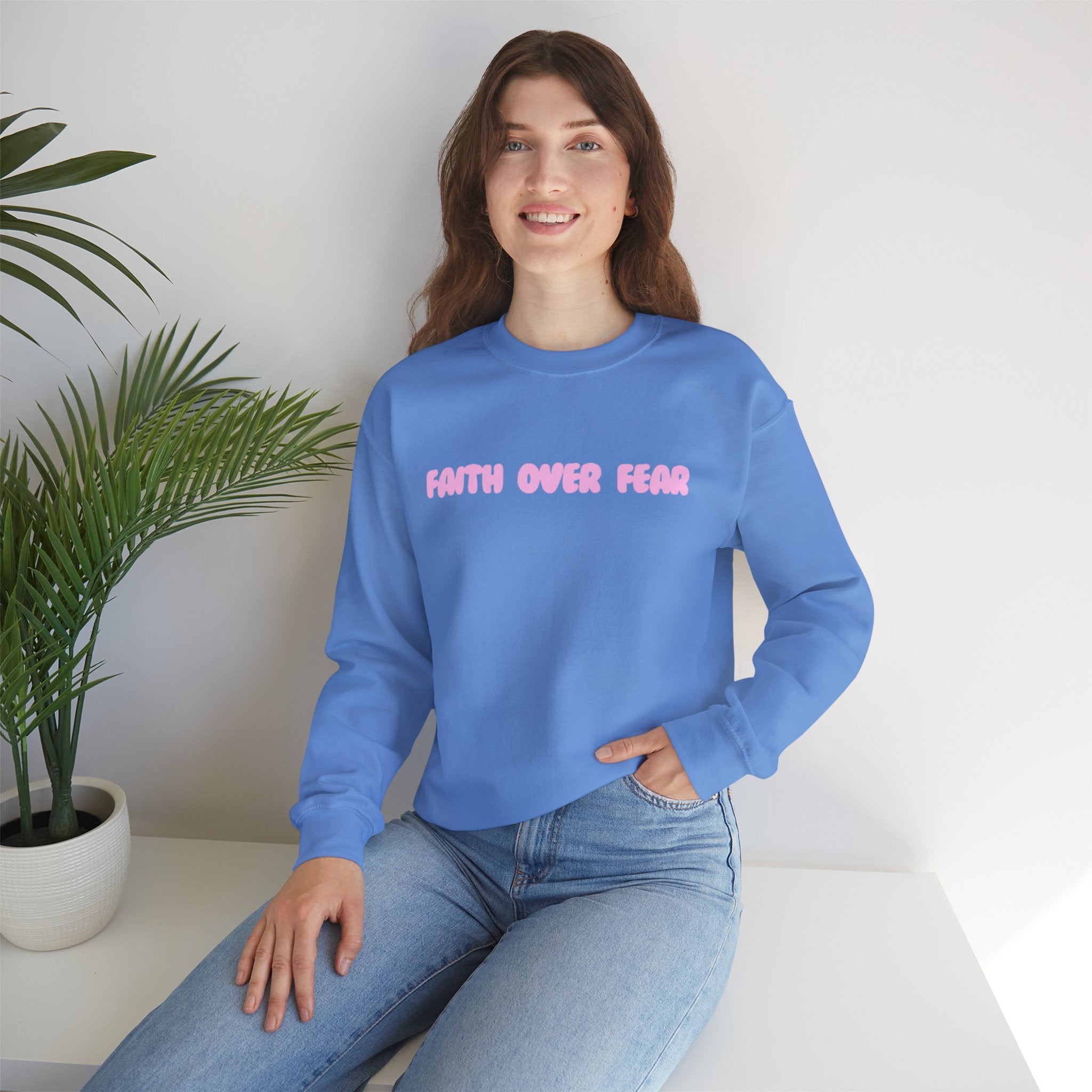 Faith Over Fear Crewneck Sweatshirt — Pink Retro Typography Christian Sweatshirt