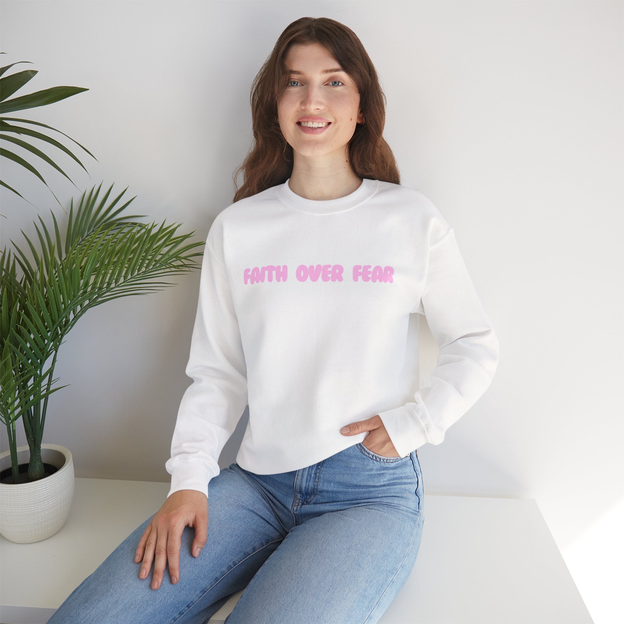 Faith Over Fear Crewneck Sweatshirt — Pink Retro Typography Christian Sweatshirt