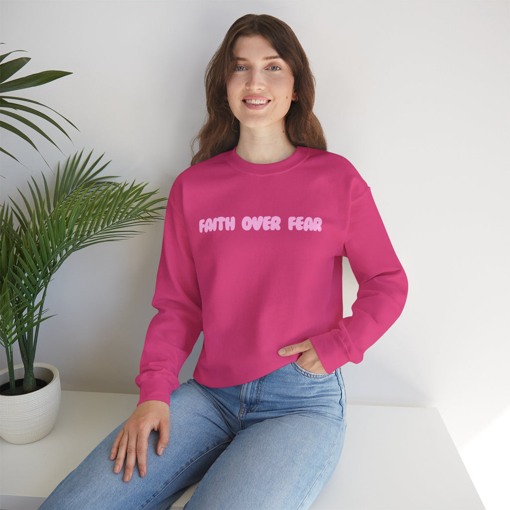 Faith Over Fear Crewneck Sweatshirt — Pink Retro Typography Christian Sweatshirt