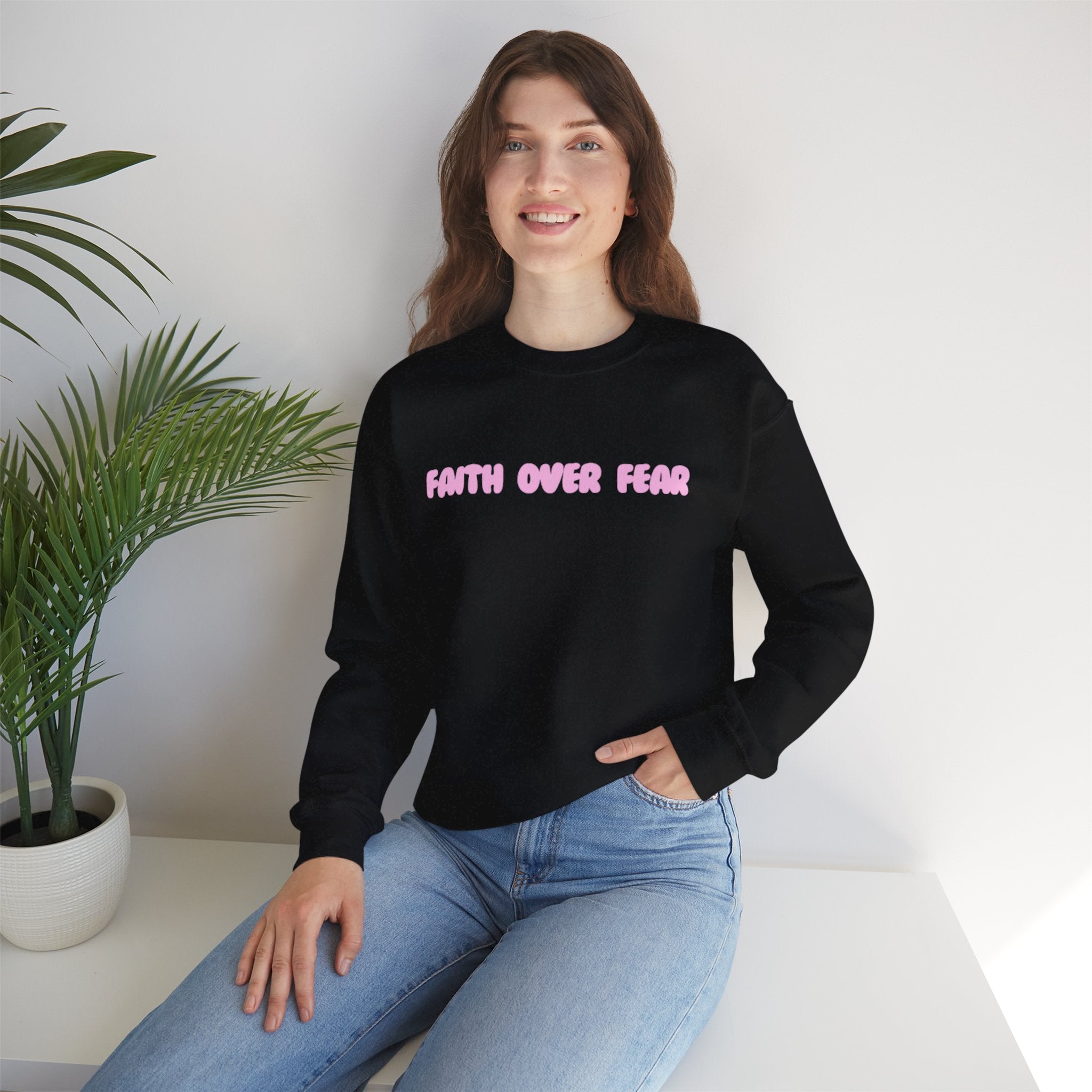 Faith Over Fear Crewneck Sweatshirt — Pink Retro Typography Christian Sweatshirt