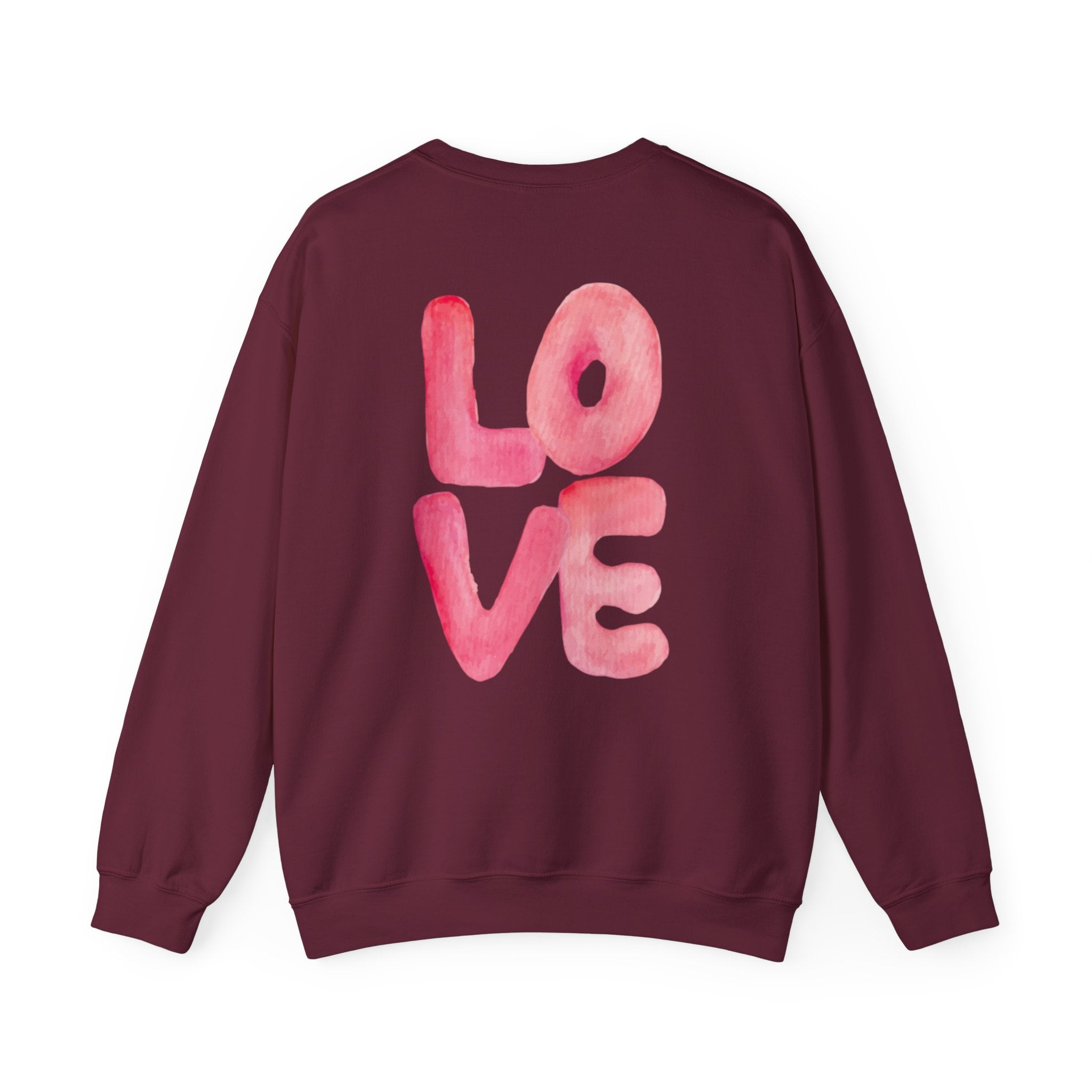 Crewneck Sweatshirt – Watercolor 'LOVE' Back Print, Cozy Valentine's Pullover