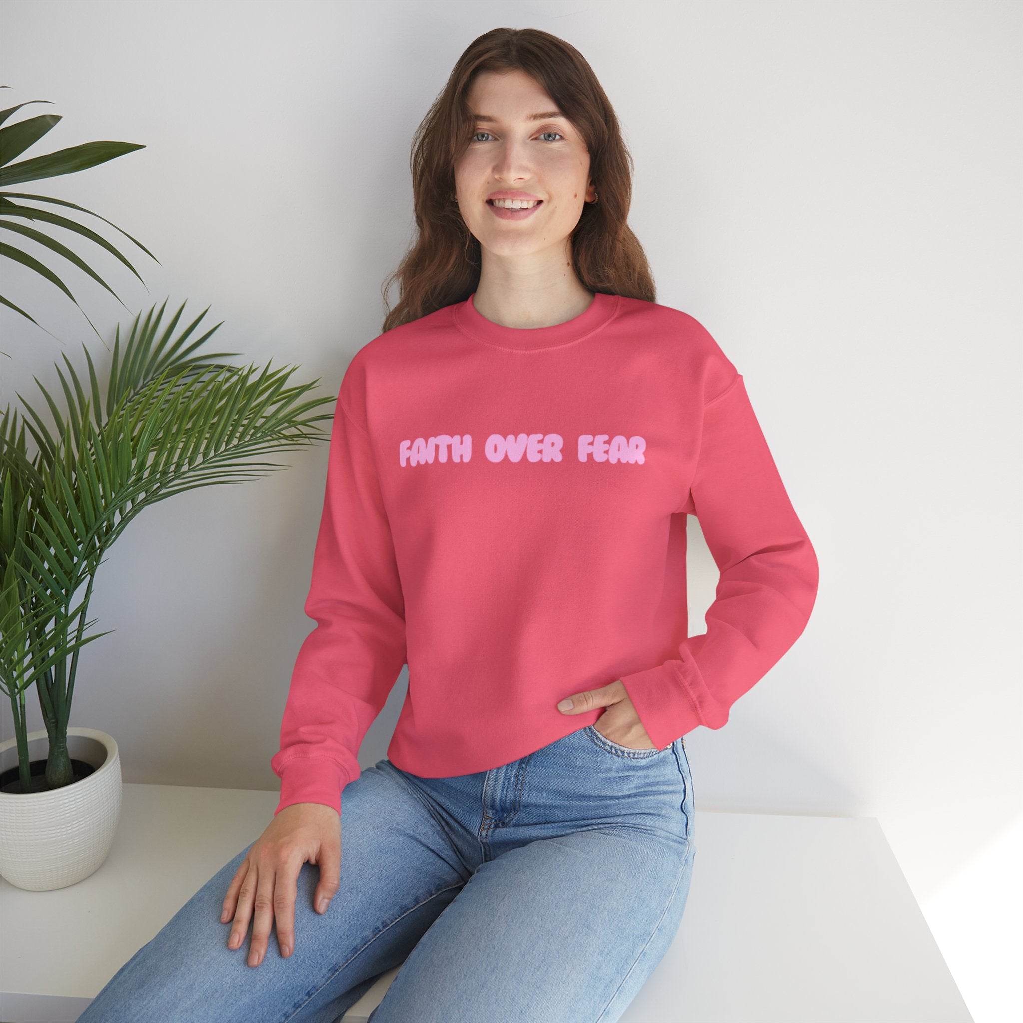 Faith Over Fear Crewneck Sweatshirt — Pink Retro Typography Christian Sweatshirt