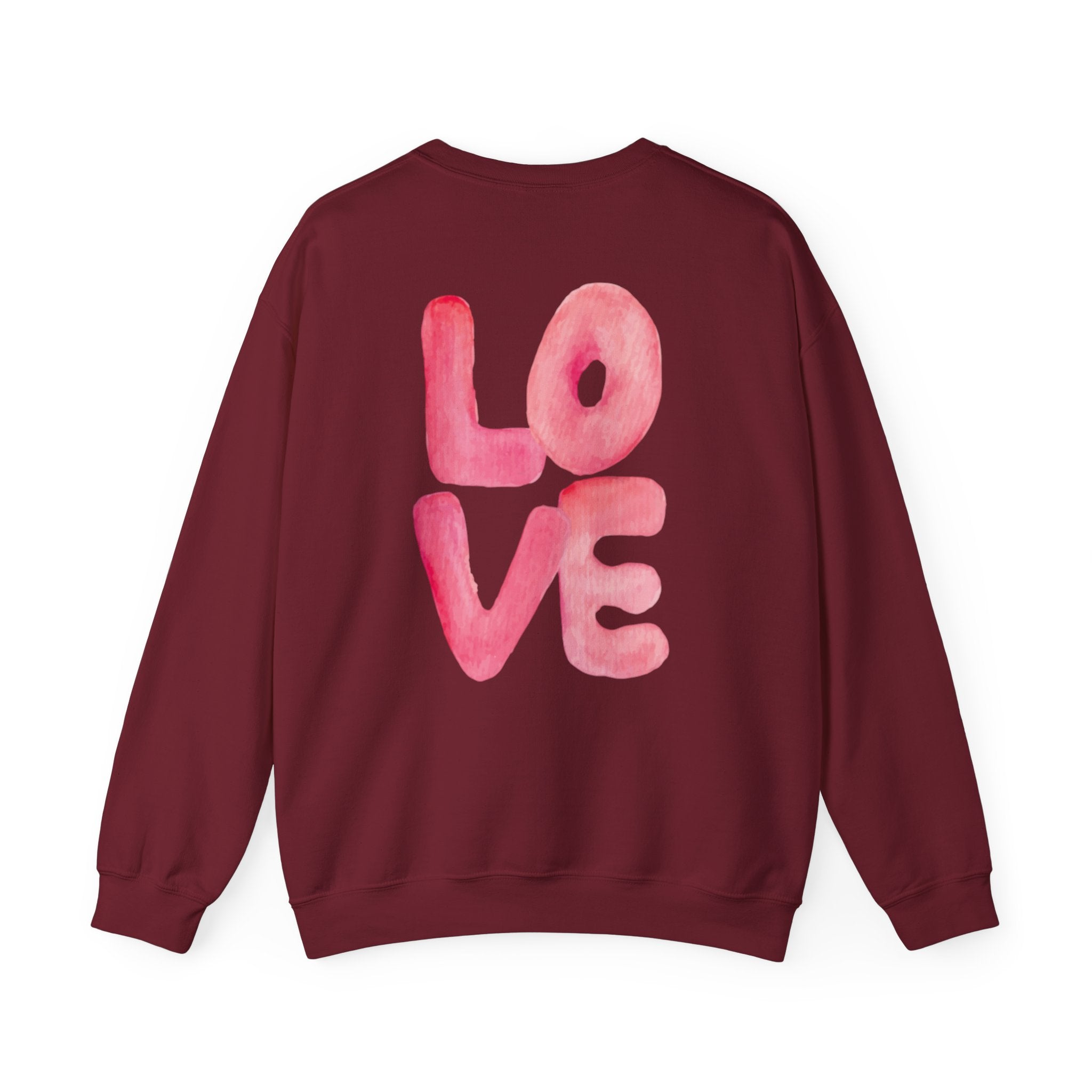 Crewneck Sweatshirt – Watercolor 'LOVE' Back Print, Cozy Valentine's Pullover