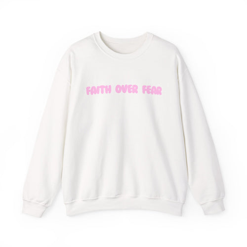 Faith Over Fear Crewneck Sweatshirt — Pink Retro Typography Christian Sweatshirt