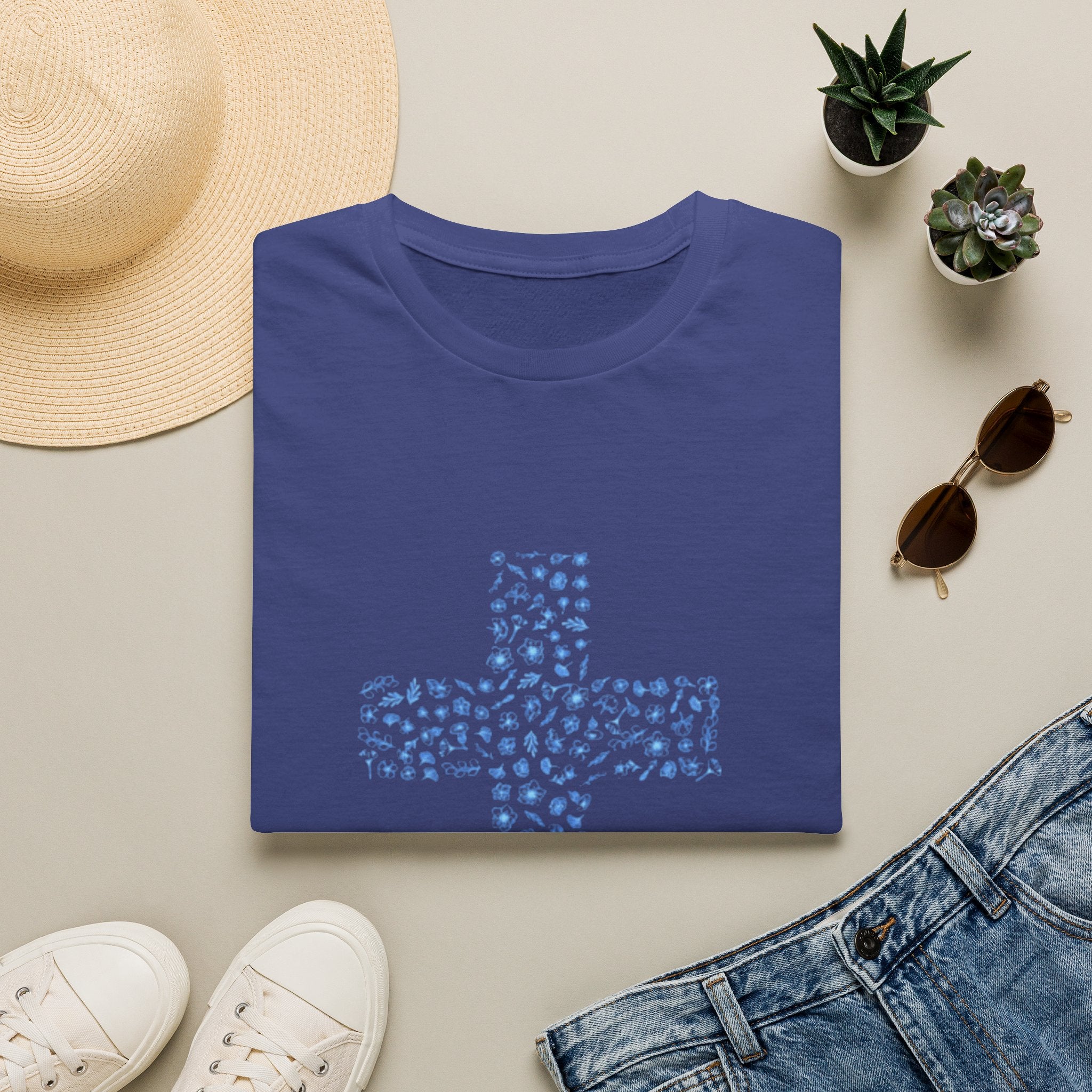 Floral Cross Tee — Light Blue Christian Graphic T-Shirt