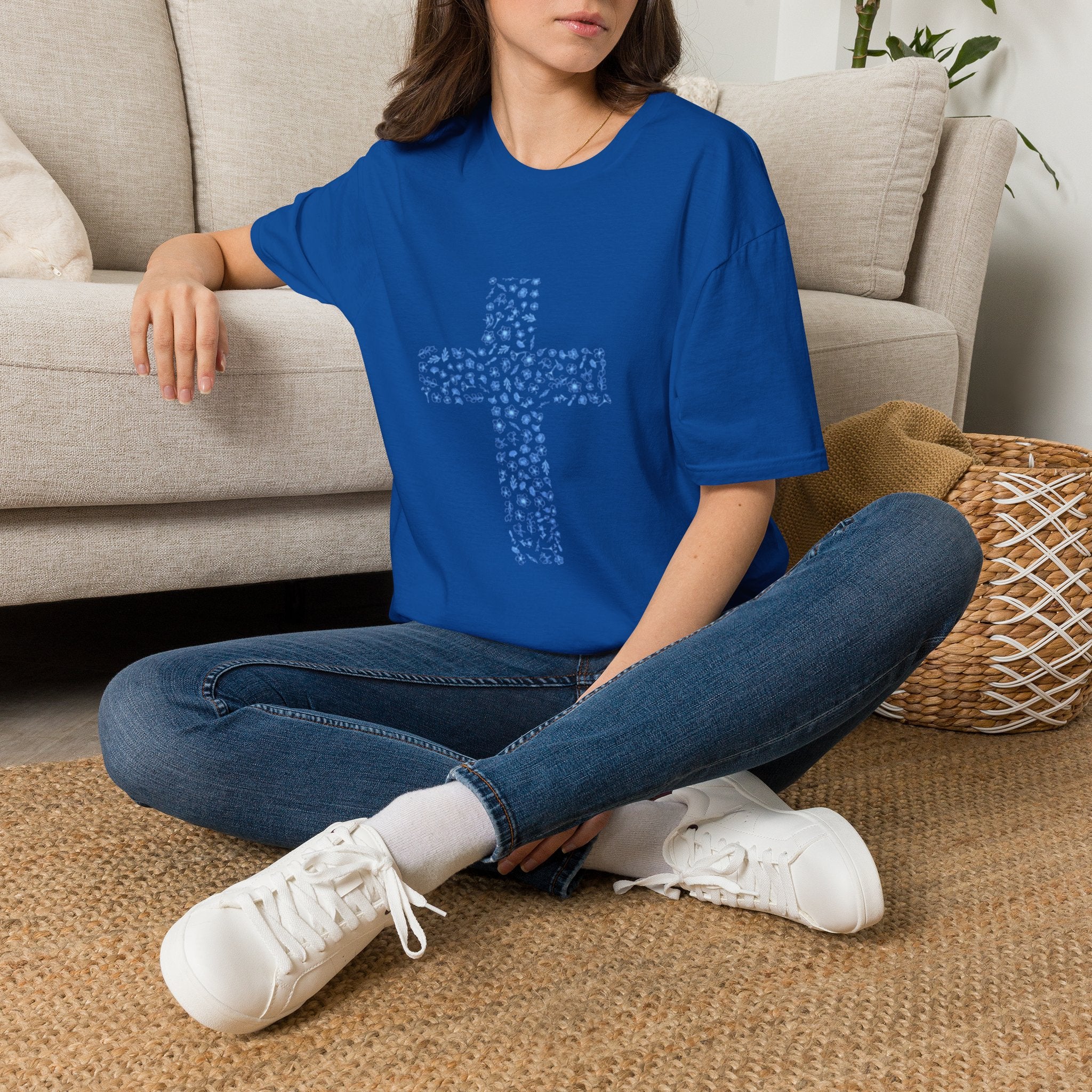 Floral Cross Tee — Light Blue Christian Graphic T-Shirt